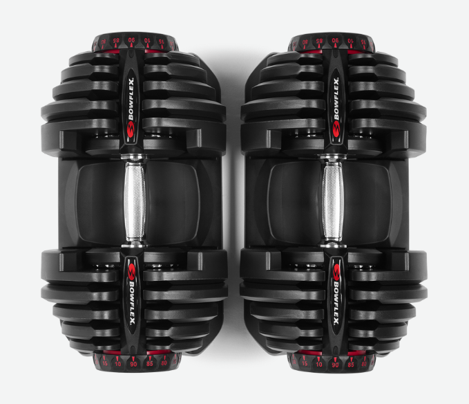 Adjustable dumbbells up to 90 lbs for space saving home gym use