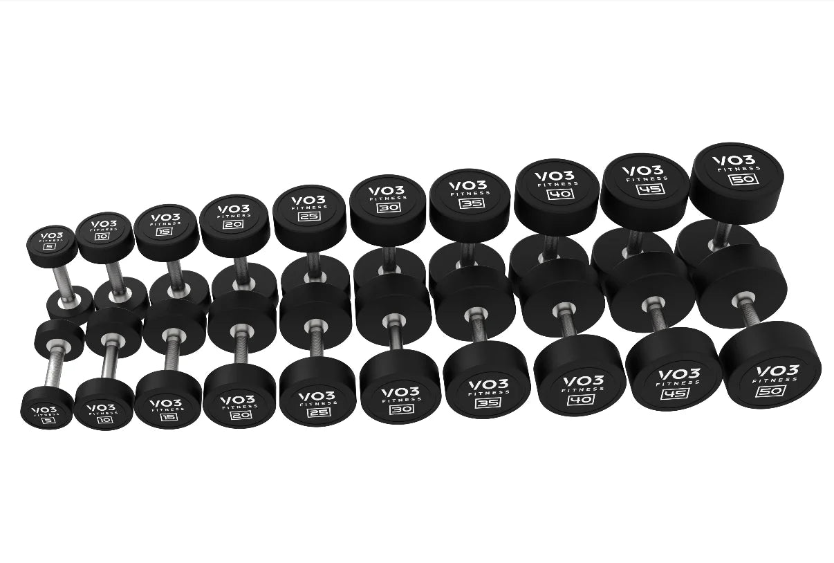 Vo3 Premium Round Rubber Dumbbell Set 5-50lbs With Rack