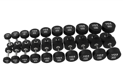 Vo3 Premium Round Rubber Dumbbell Set 5-50lbs With Rack