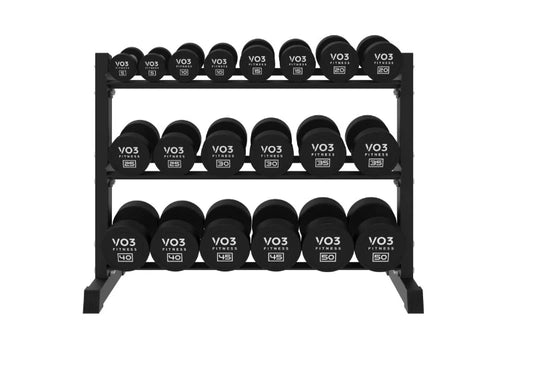 Vo3 Premium Round Rubber Dumbbell Set 5-50lbs With Rack