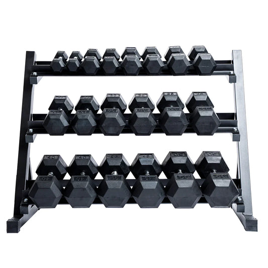 TRIAD 5-50 lbs Rubber Hex Dumbbell Set with 3 Tier Dumbbell Rack