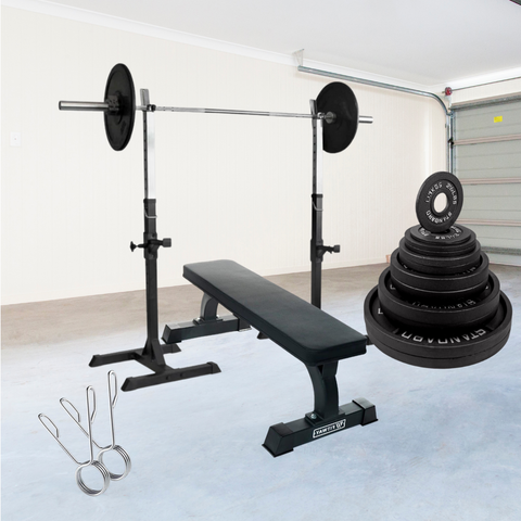Deluxe Squat Stand, Flat Bench, 200 lb Cast Iron Plates & Olympic Bar Package